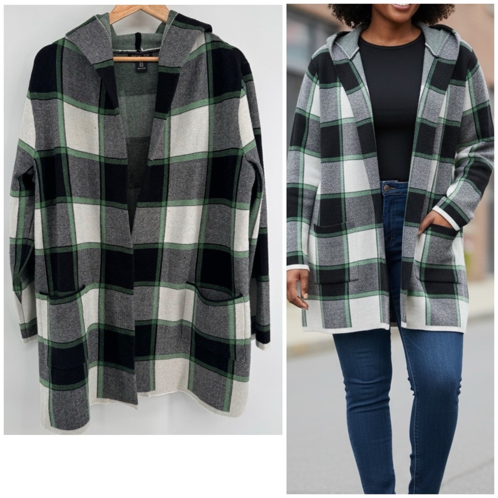 Rachel Zoe Plaid Open Knit Hoodie Soft Cardigan Women's Size 1X
